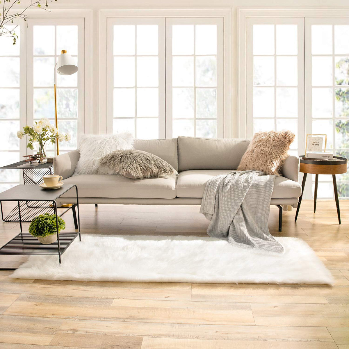 Ashler Faux Fur Rug, White, 2 x 6 Ft, Machine Washable