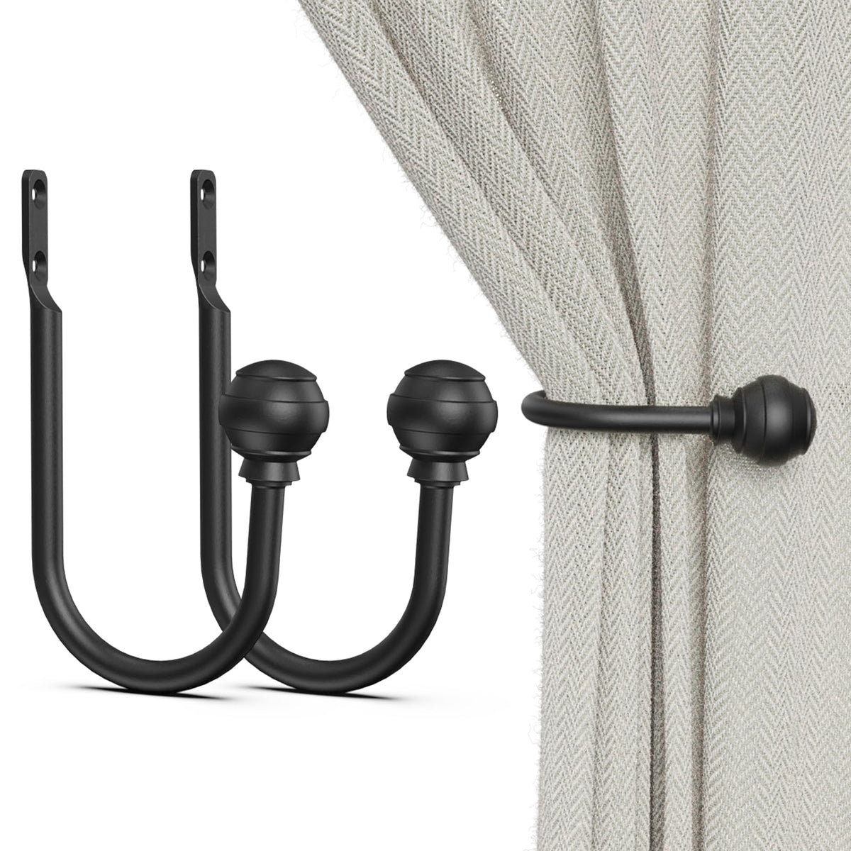 Hion Curtain Holdbacks Black 2pcs, Curtain Tiebacks Wall Mounted Hooks