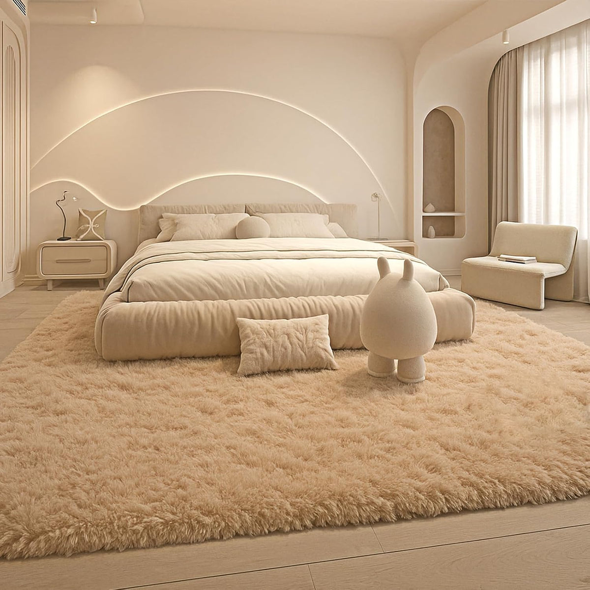 8x10 Beige Fluffy Shag Area Rug, Non-Slip Soft Carpet for Home