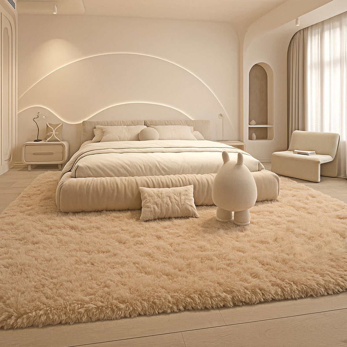 8x10 Beige Fluffy Shag Area Rug, Non-Slip Soft Carpet for Home