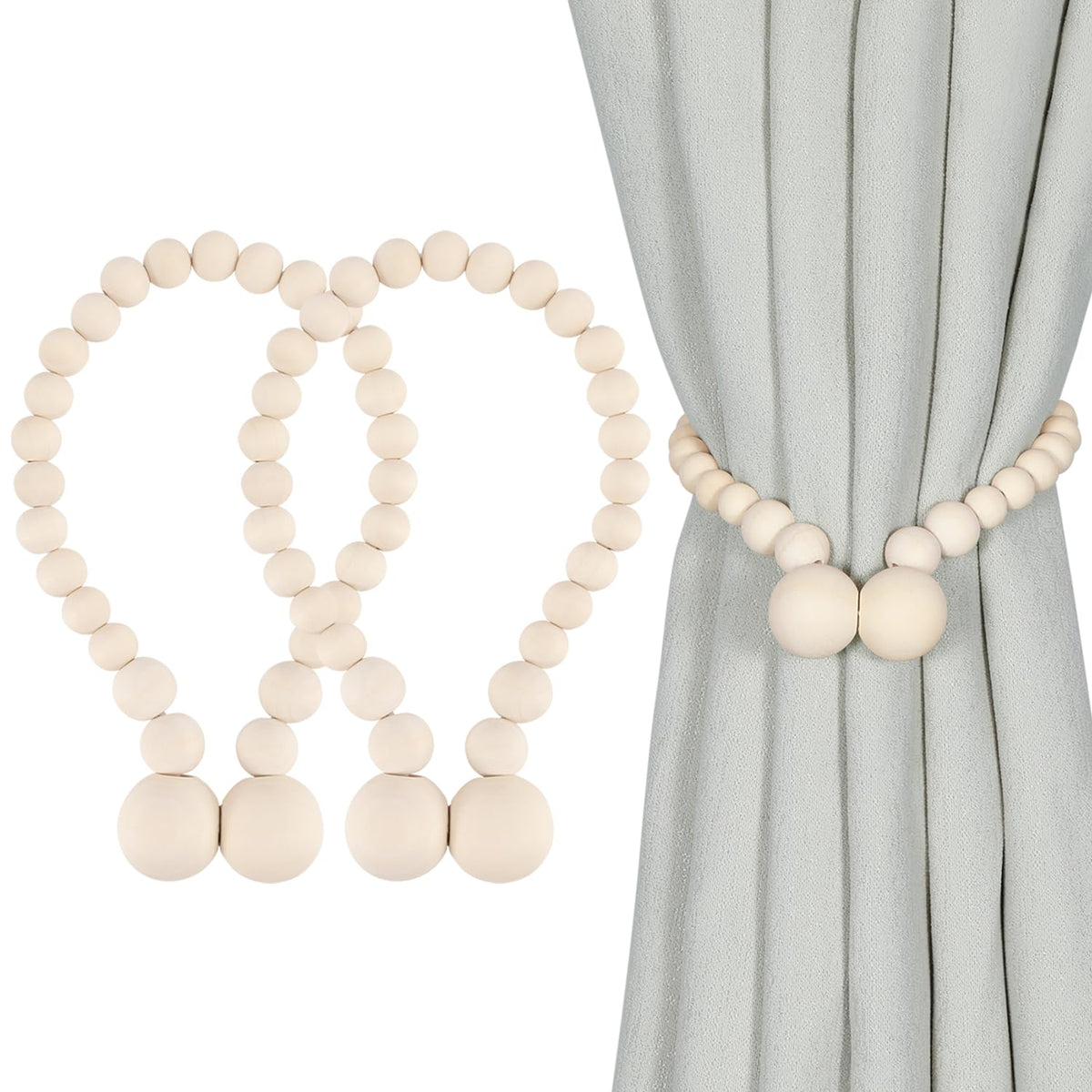 KLOGTSIND Magnetic Curtain Tiebacks, 2 Pack Wood Bead Curtain Holdbacks