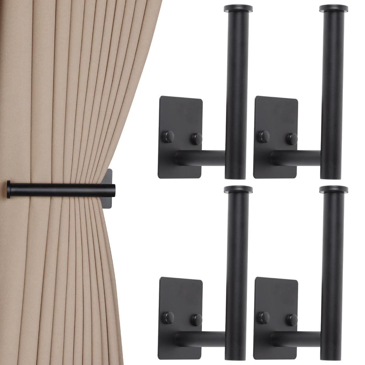 4 Pack No Drill Curtain Holdbacks Adhesive Curtain Tiebacks, Black