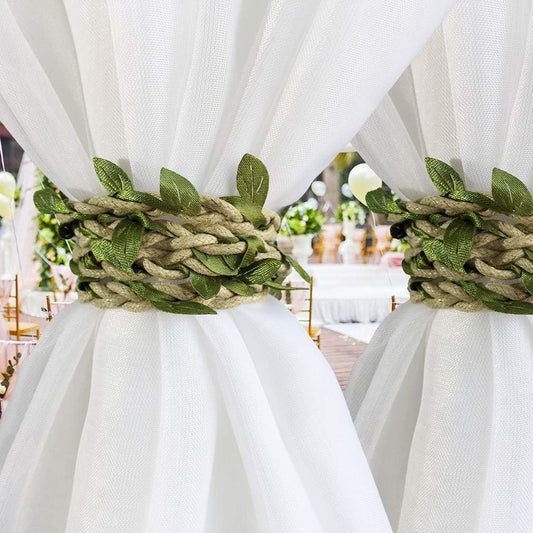 Valea Home Curtain Tiebacks Ropes Natural Burlap Rope Holdbacks with Artificial Vines Fake Foliage Ivy Leaf for Rustic Wedding Party Home Decorative Curtain Holders, Set of 4