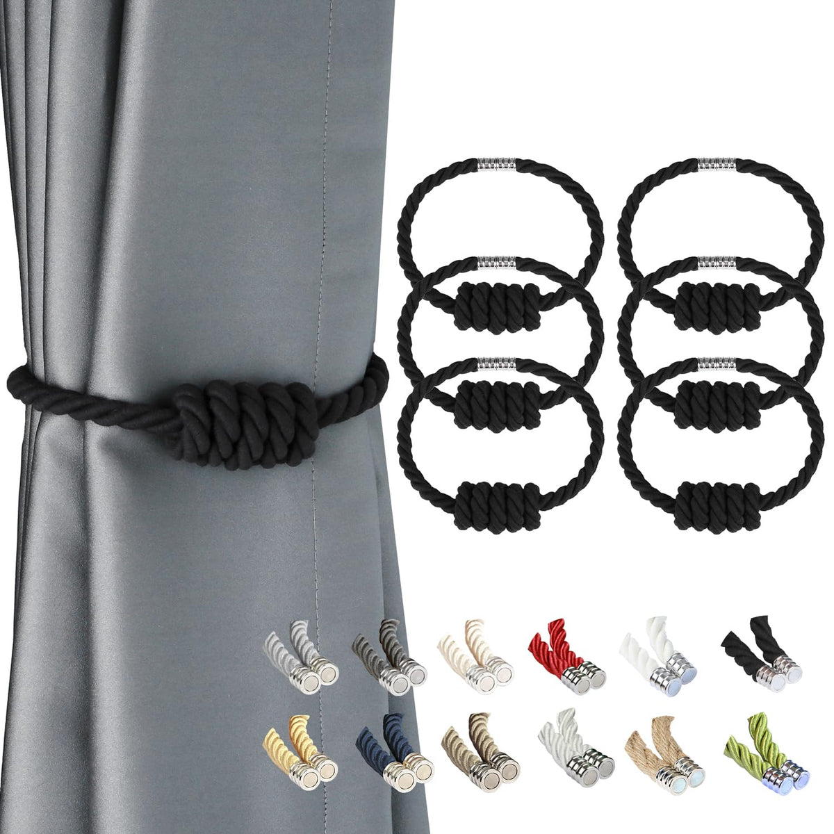 BEL AVENIR Magnetic Jute Curtain Tiebacks 2 Pack Hand-Woven Curtain Ties