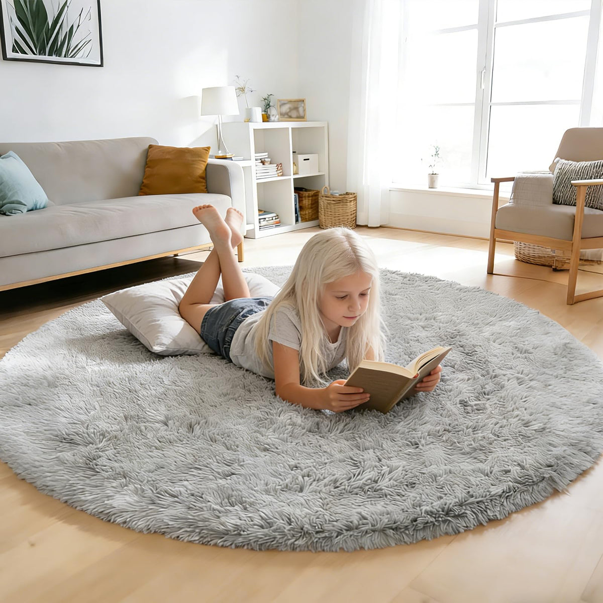 Pink Fluffy Round Area Rugs for Bedroom,3ft Shag Circle Small Area Rugs