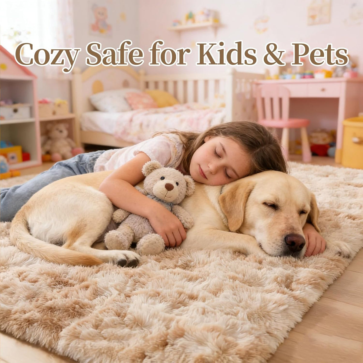 8x10 ft Area Rugs for Living Room Bedroom, Beige Tie-dye Non-Slip Soft Fluffy Shag Carpet, Large Bedside Indoor Floor Area Rug for Kids Girls and Boys, Dorms, Nursery Rooms, Home Decor Aesthetic