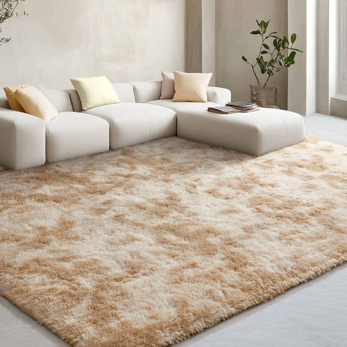 EVOIONOS Area Rug for Bedroom Living Room, Machine Washable 5x7 Fluffy Shag Rug, Soft Plush Non Slip Carpet for Indoor Floor Bedside Nursery Kids Girls Room Dorm, Home Decor Aesthetic, ‌Tie-Dye Camel