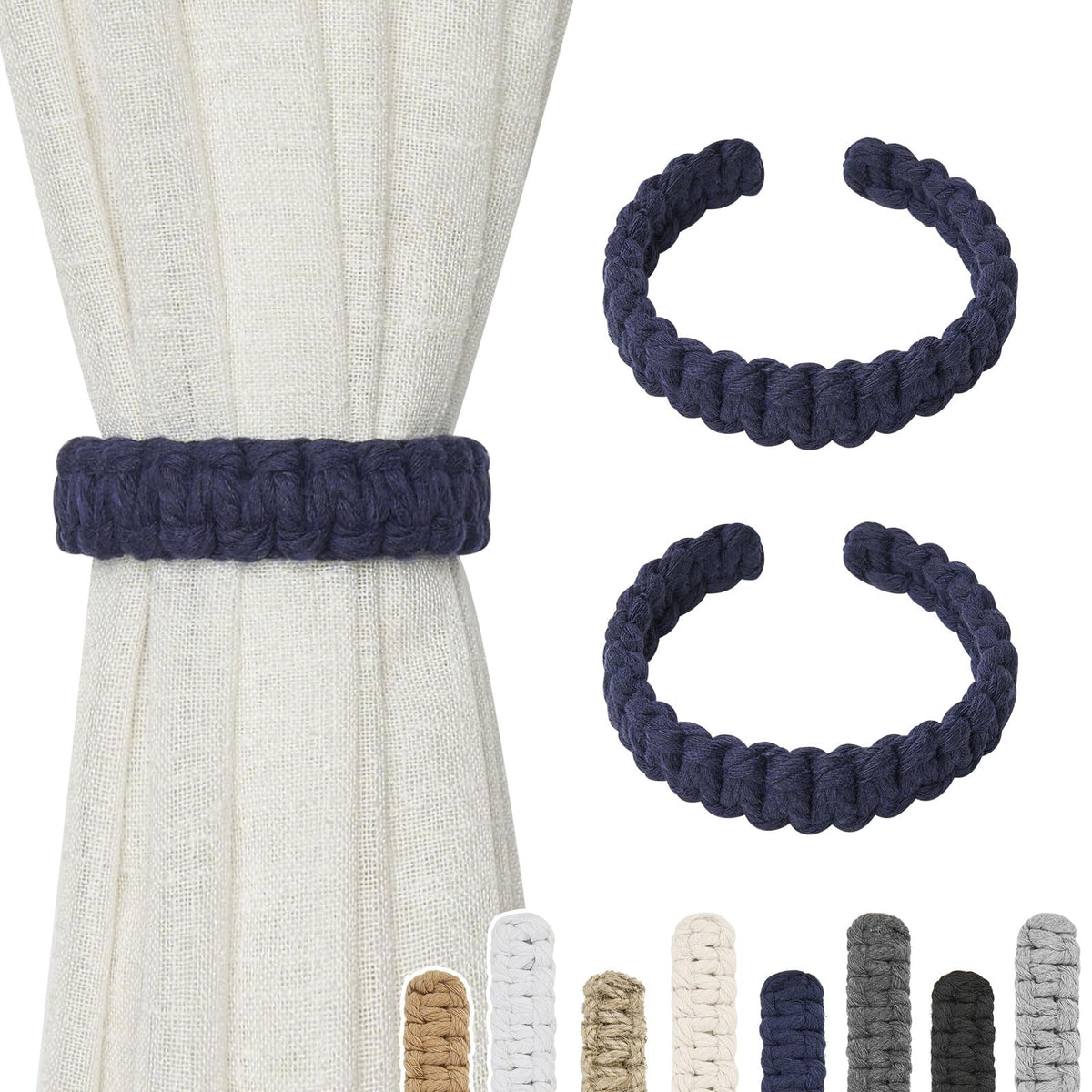 NICEEC 2 Pack Natural Cotton Rope Curtain Tiebacks Farmhouse Rustic Style Decorative Drape Tie Backs Handmade Braided Curtain Holdbacks for Home & Office Sheer/Light Weight Drapery (C-White-S)