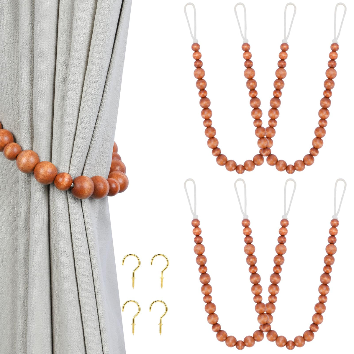 KLOGTSIND Wood Bead Curtain Tiebacks, 2 Pack Curtain Tie Backs with Hooks