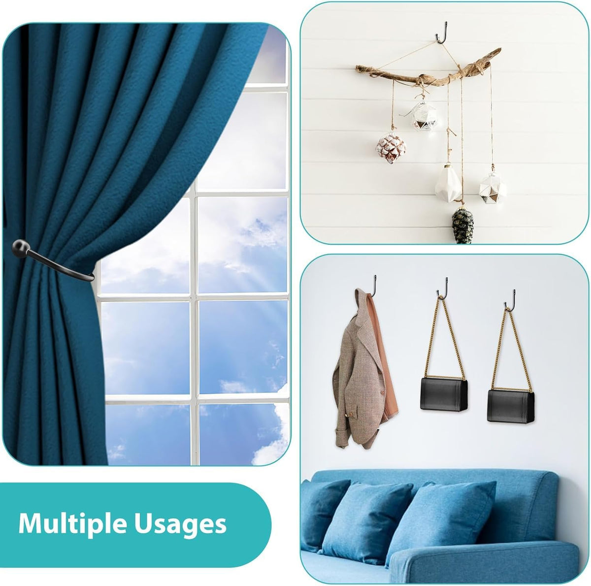 8 Pcs Curtain Tie Backs, Black, Metal Curtain Holdbacks (8pcs-Small)