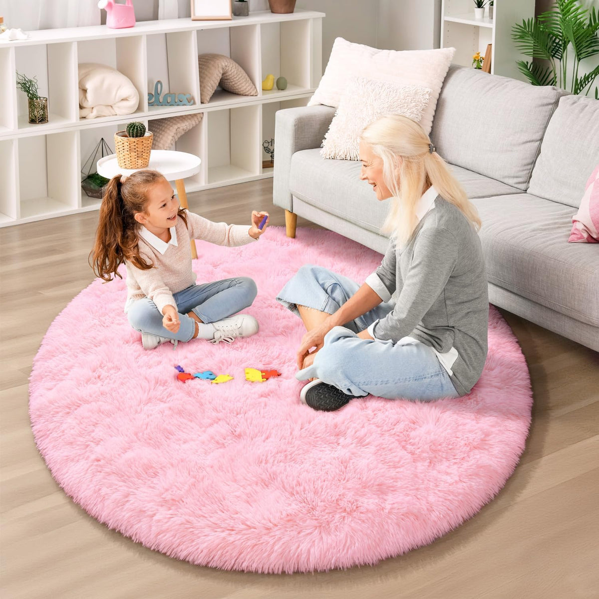 EVOIONOS Pink Round Rug for Bedroom, 4x4 Ft Fluffy Soft Circle Area Rugs for Living Room, Plush Shaggy Circular Carpet for Indoor Floor Bedside Girls Nursery, Machine-Washable Home Decor Aesthetic