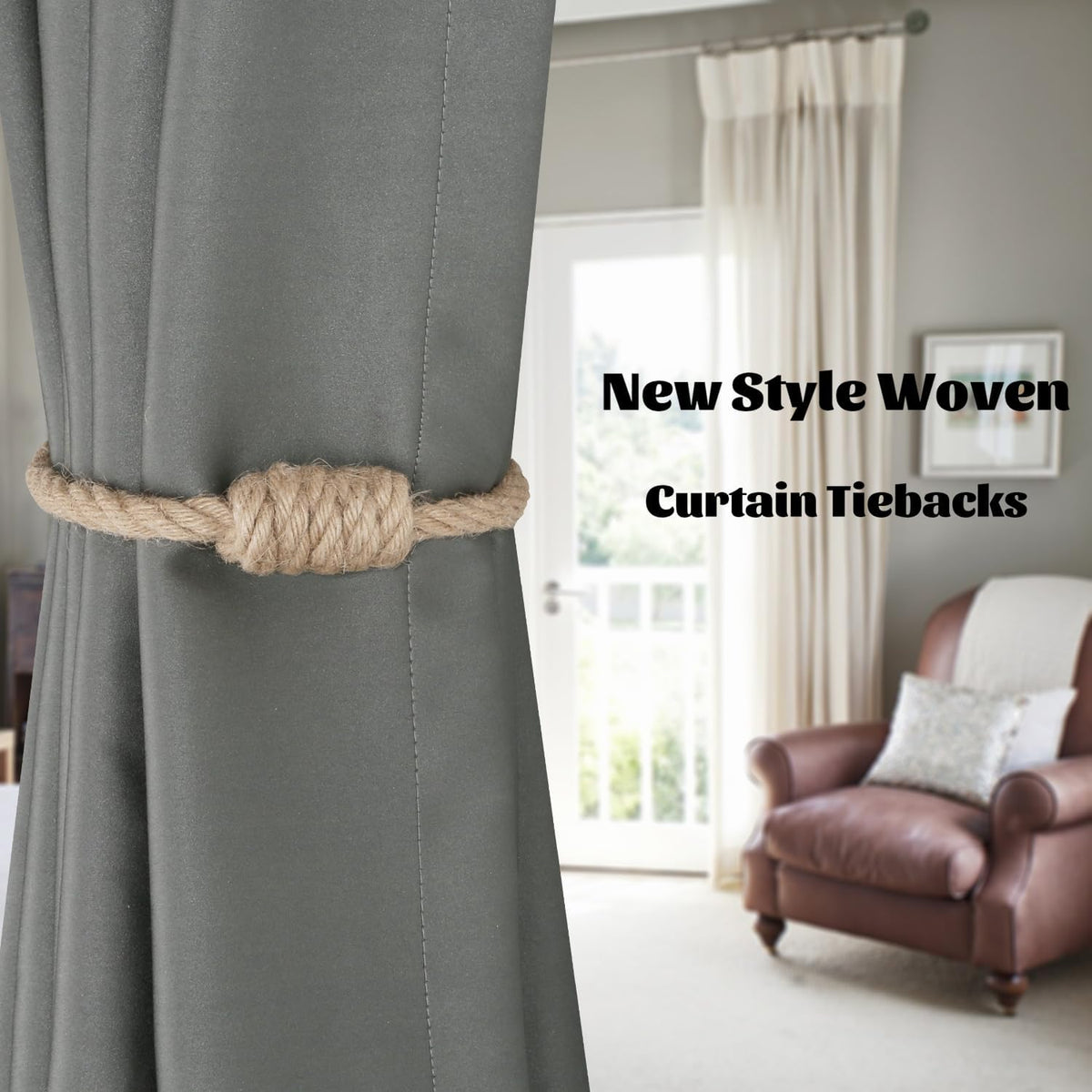 BEL AVENIR Magnetic Jute Curtain Tiebacks 2 Pack Hand-Woven Curtain Ties