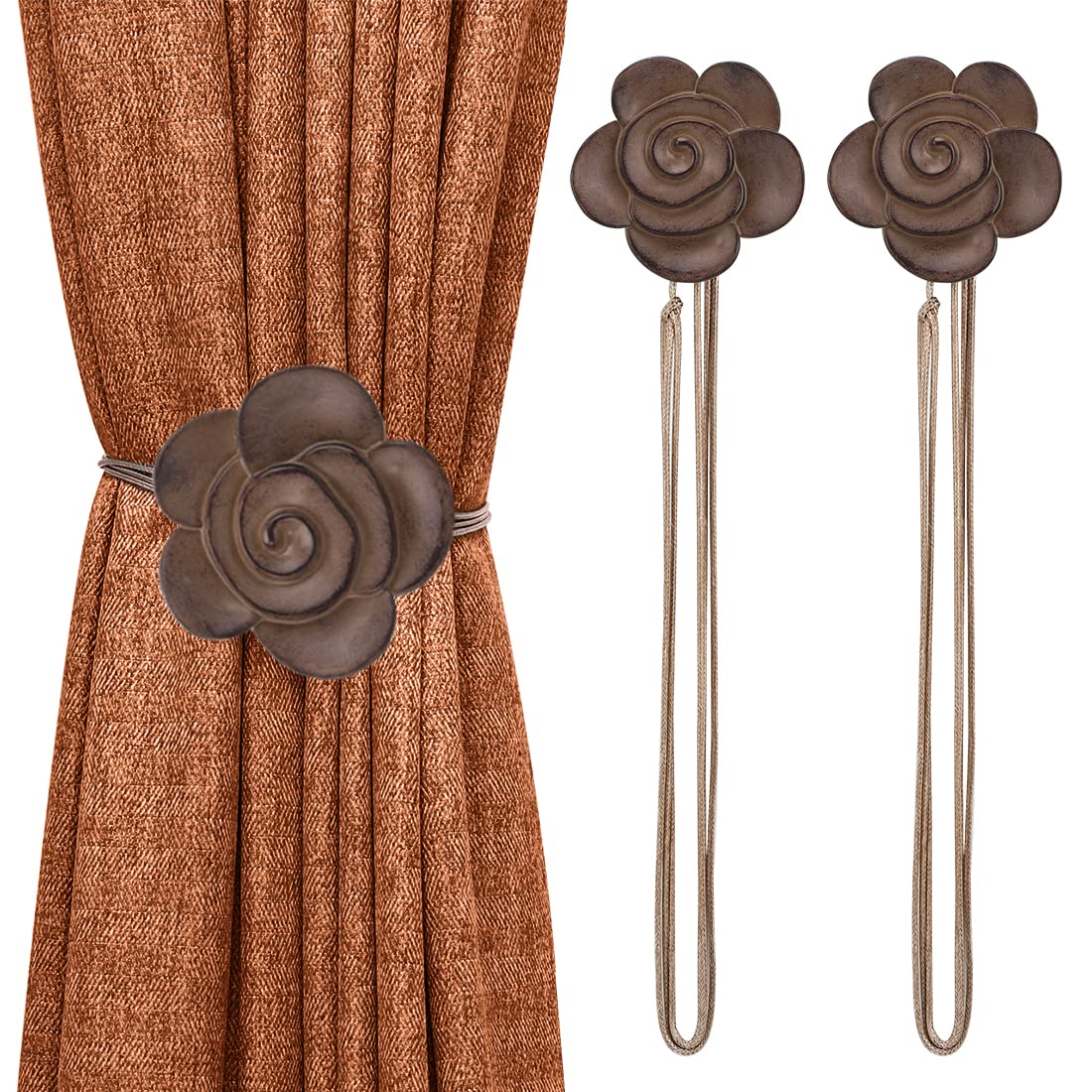 Lewondr Magnetic Curtain Tiebacks, Flower Vintage Curtain Holdbacks, Coffee