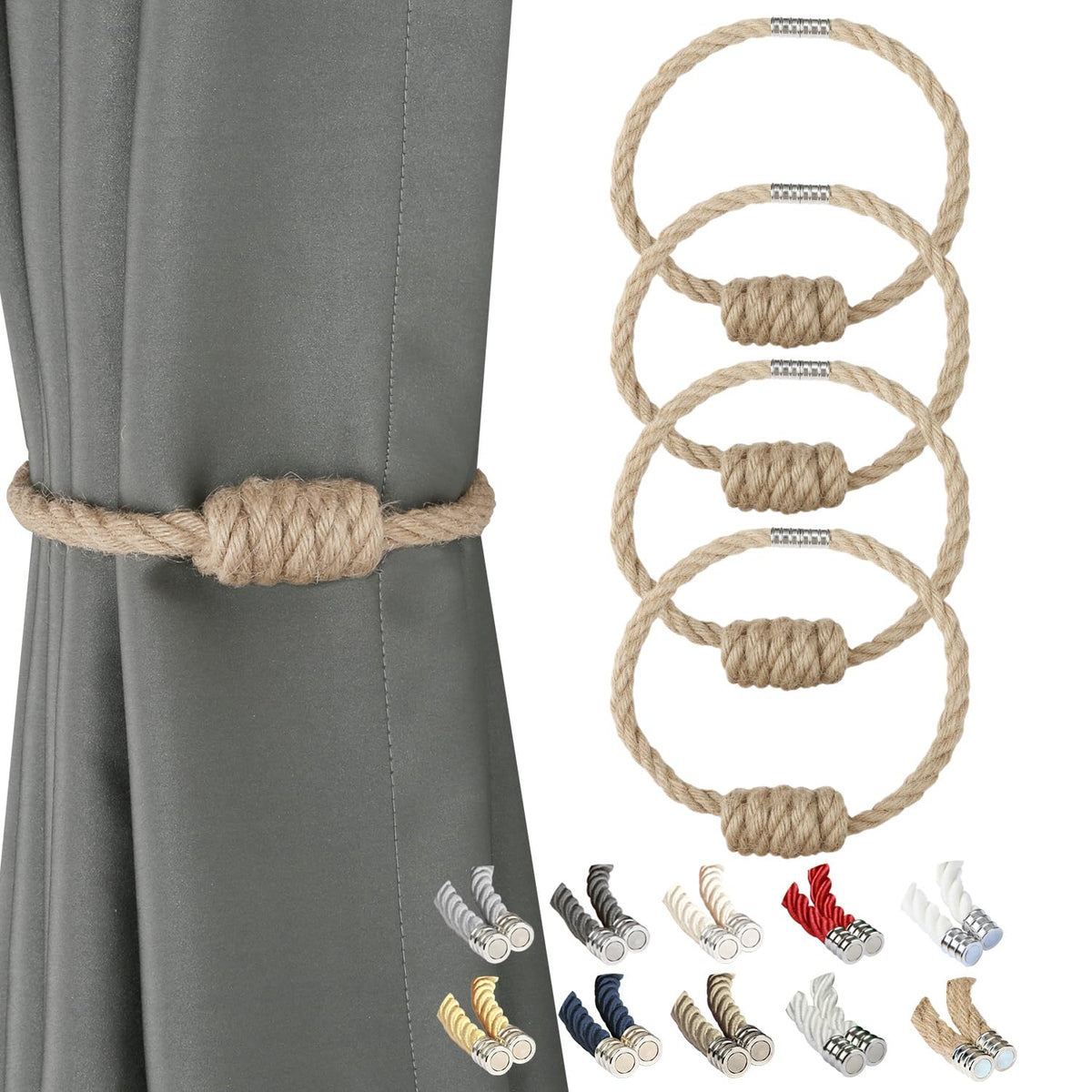 BEL AVENIR Magnetic Jute Curtain Tiebacks 2 Pack Hand-Woven Curtain Ties