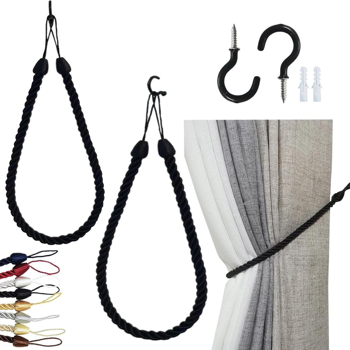 Curtain Tiebacks Ropes, Curtain Tie Backs Holdbacks Black 2 Pack