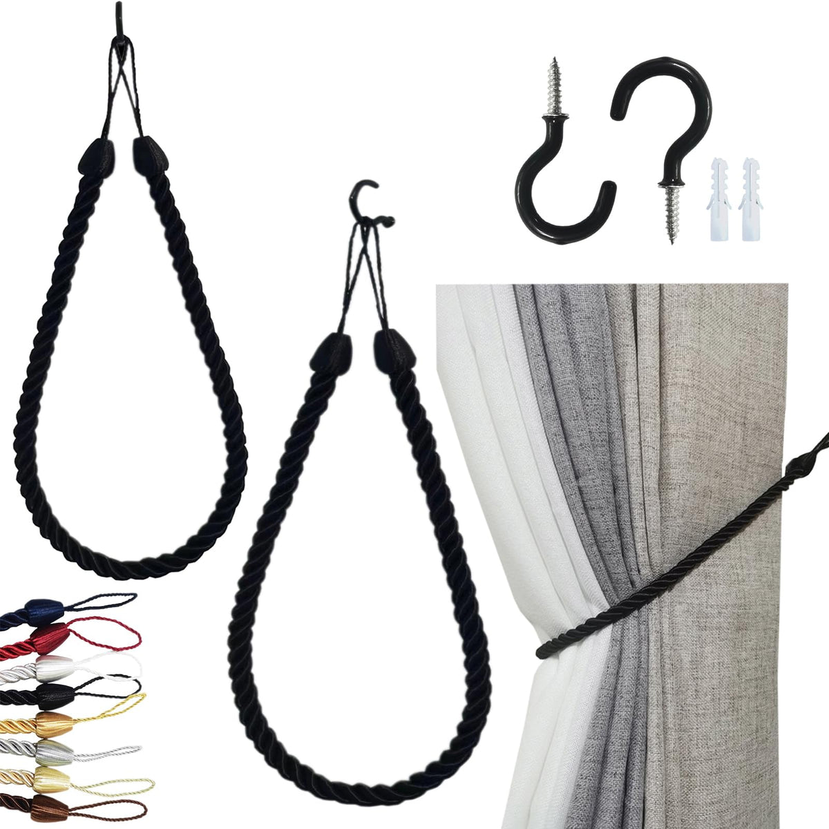 Curtain Tiebacks Ropes, Curtain Tie Backs Holdbacks Black 2 Pack