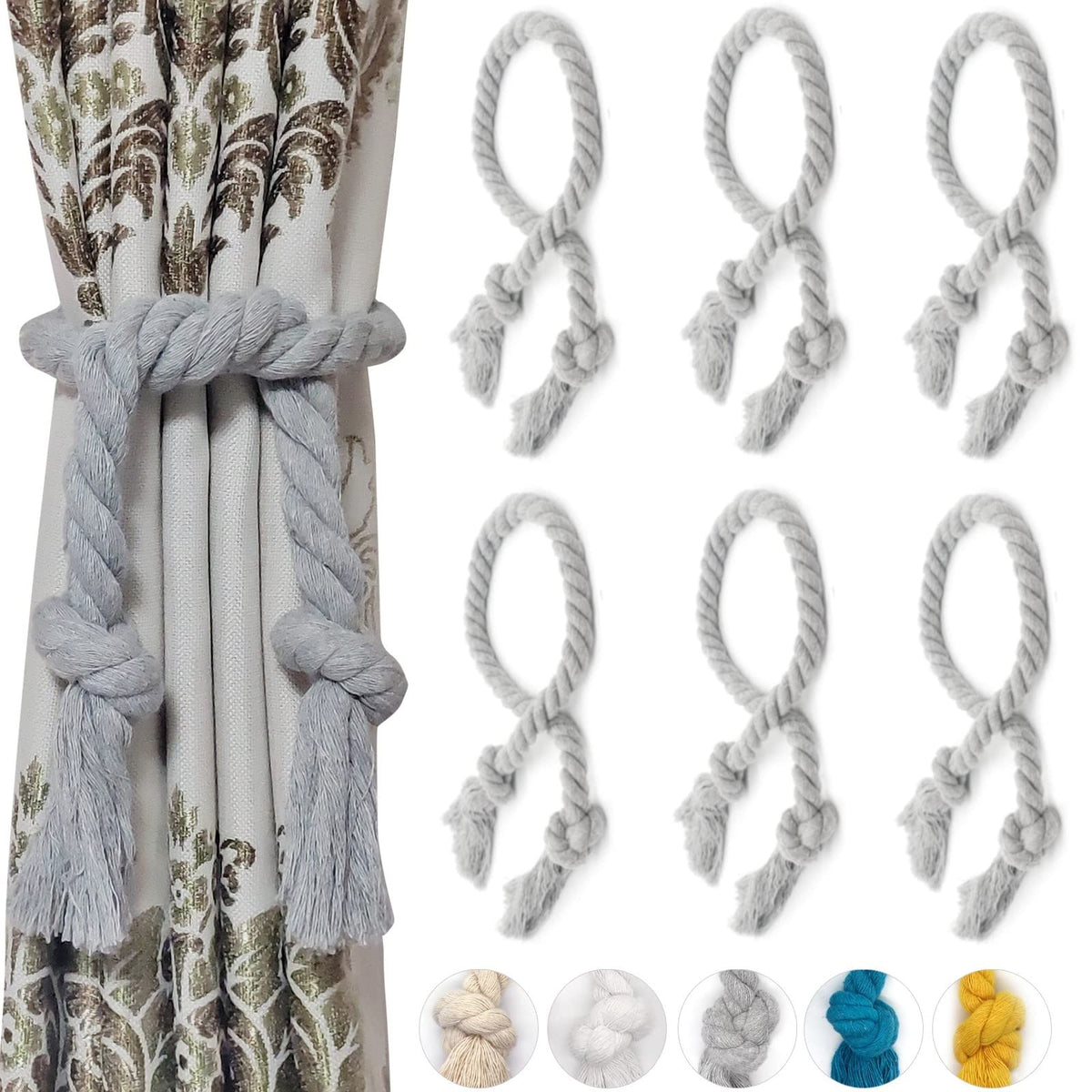 6 Pack Curtain Ties Rope, Outdoor Curtain Tiebacks for Patio Gazebo Pergola Cabana, Natural Cotton Curtain Holders, Village Rural Rustic Farmhouse Curtain Holdbacks for Drapery, Black