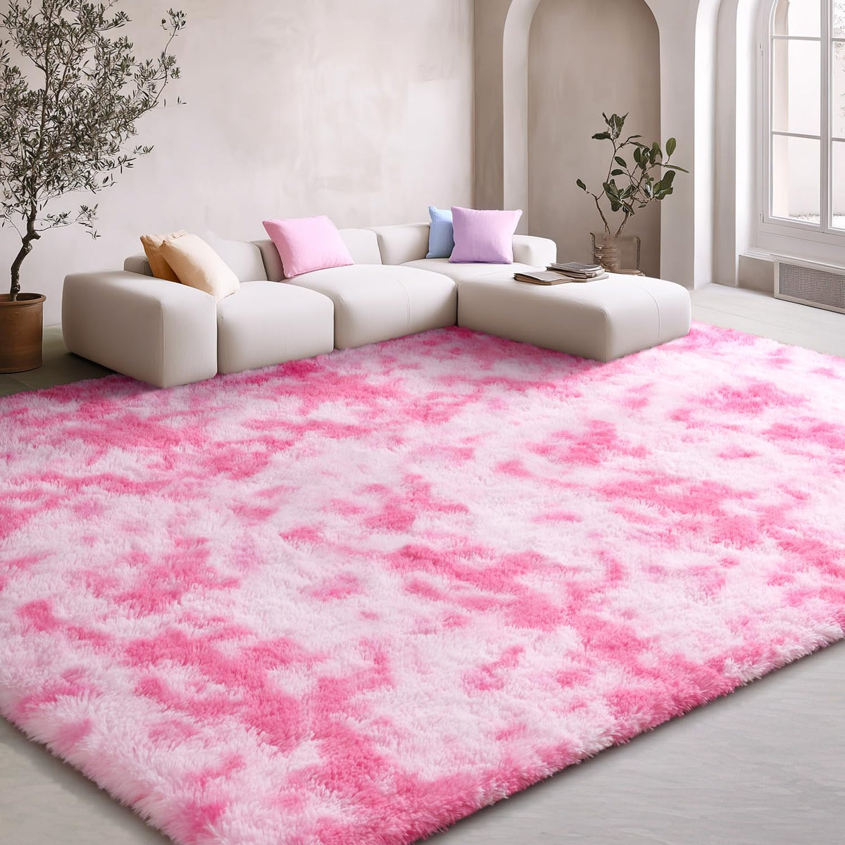 EVOIONOS Area Rug for Bedroom Living Room, Machine Washable 5x7 Fluffy Shag Rug, Soft Plush Non Slip Carpet for Indoor Floor Bedside Nursery Kids Girls Room Dorm, Home Decor Aesthetic, ‌Tie-Dye Camel
