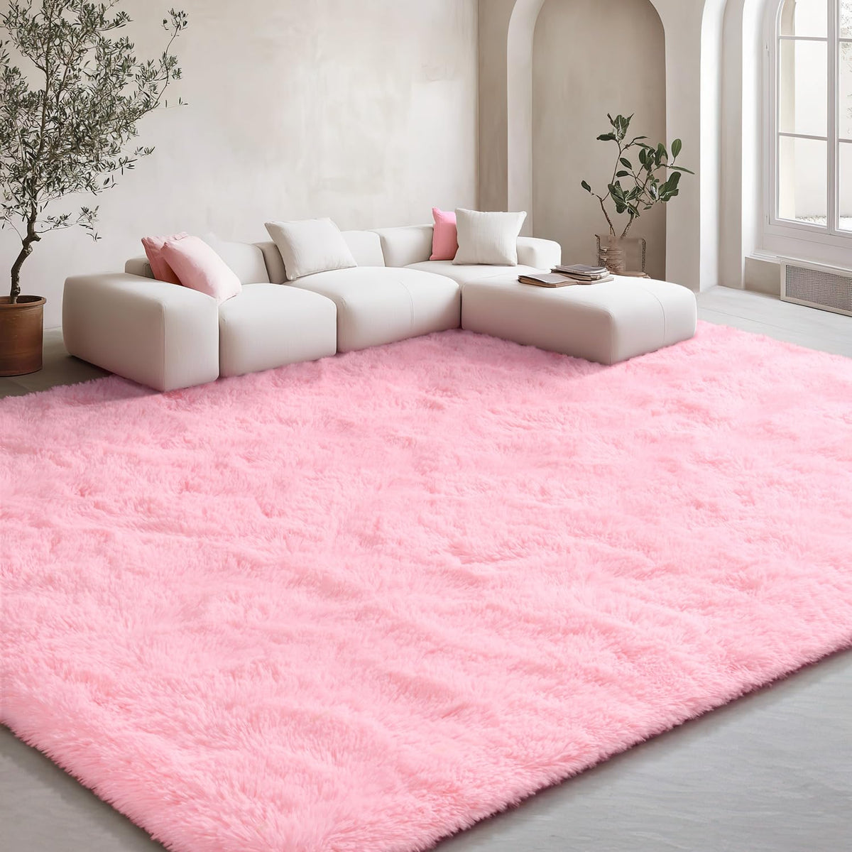 EVOIONOS Pink Round Rug for Bedroom, 4x4 Ft Fluffy Soft Circle Area Rugs for Living Room, Plush Shaggy Circular Carpet for Indoor Floor Bedside Girls Nursery, Machine-Washable Home Decor Aesthetic