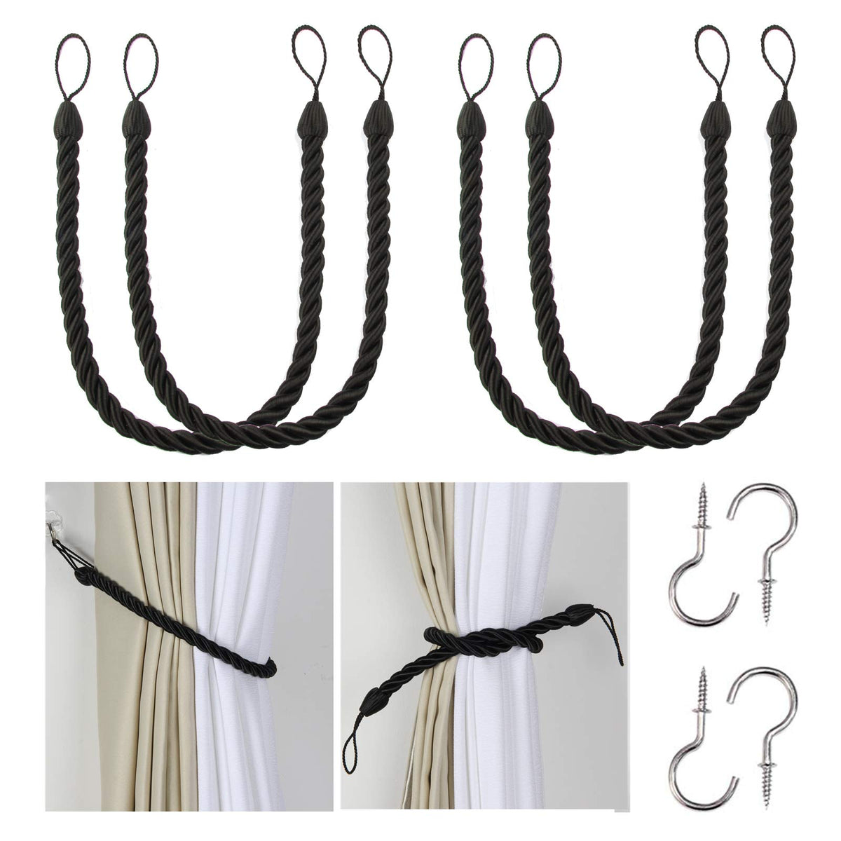 BEL AVENIR Curtain Tiebacks Ropes Tie-Backs,Handmade Holdbacks(Gold,2P)