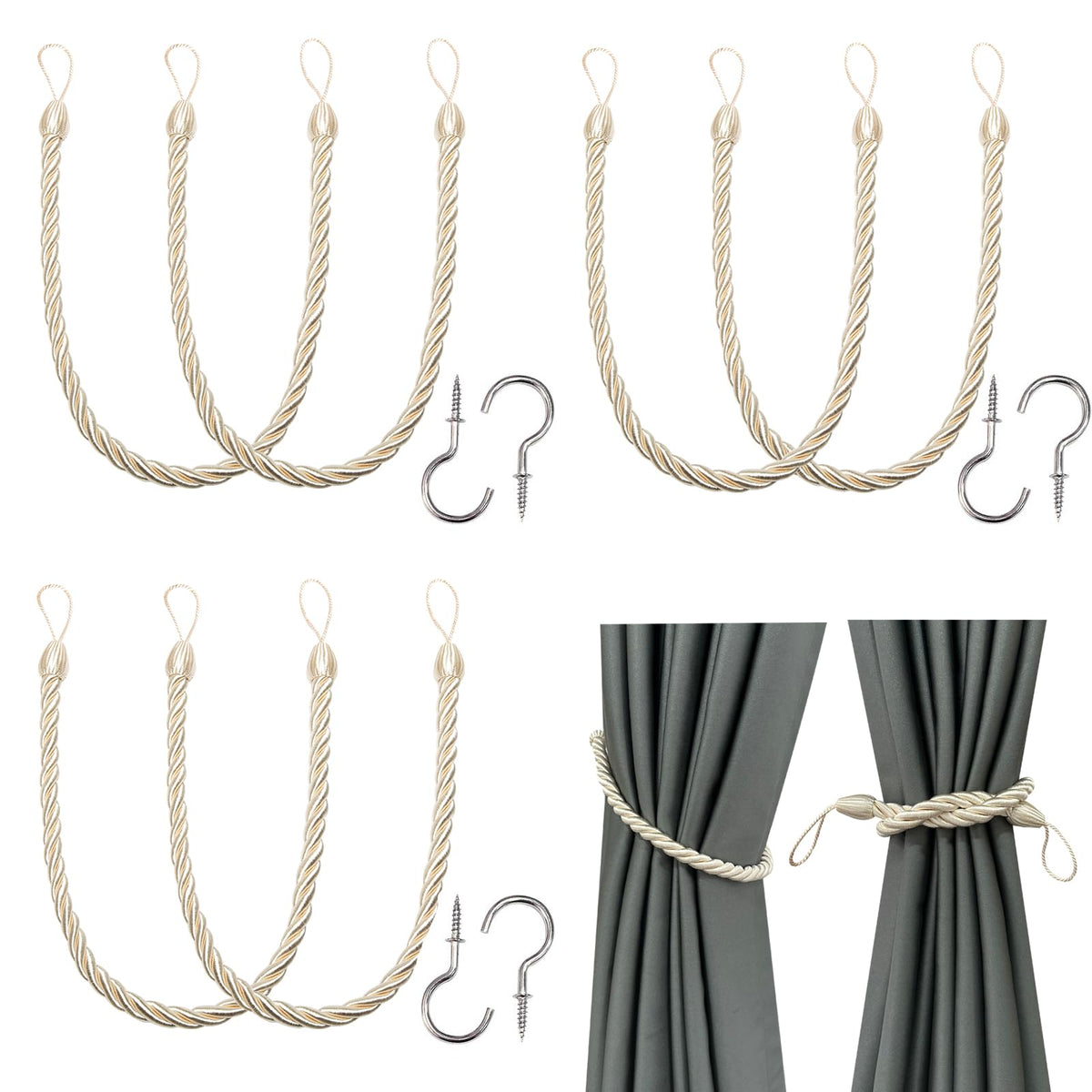 BEL AVENIR Curtain Tiebacks Ropes Tie-Backs,Handmade Holdbacks(Gold,2P)