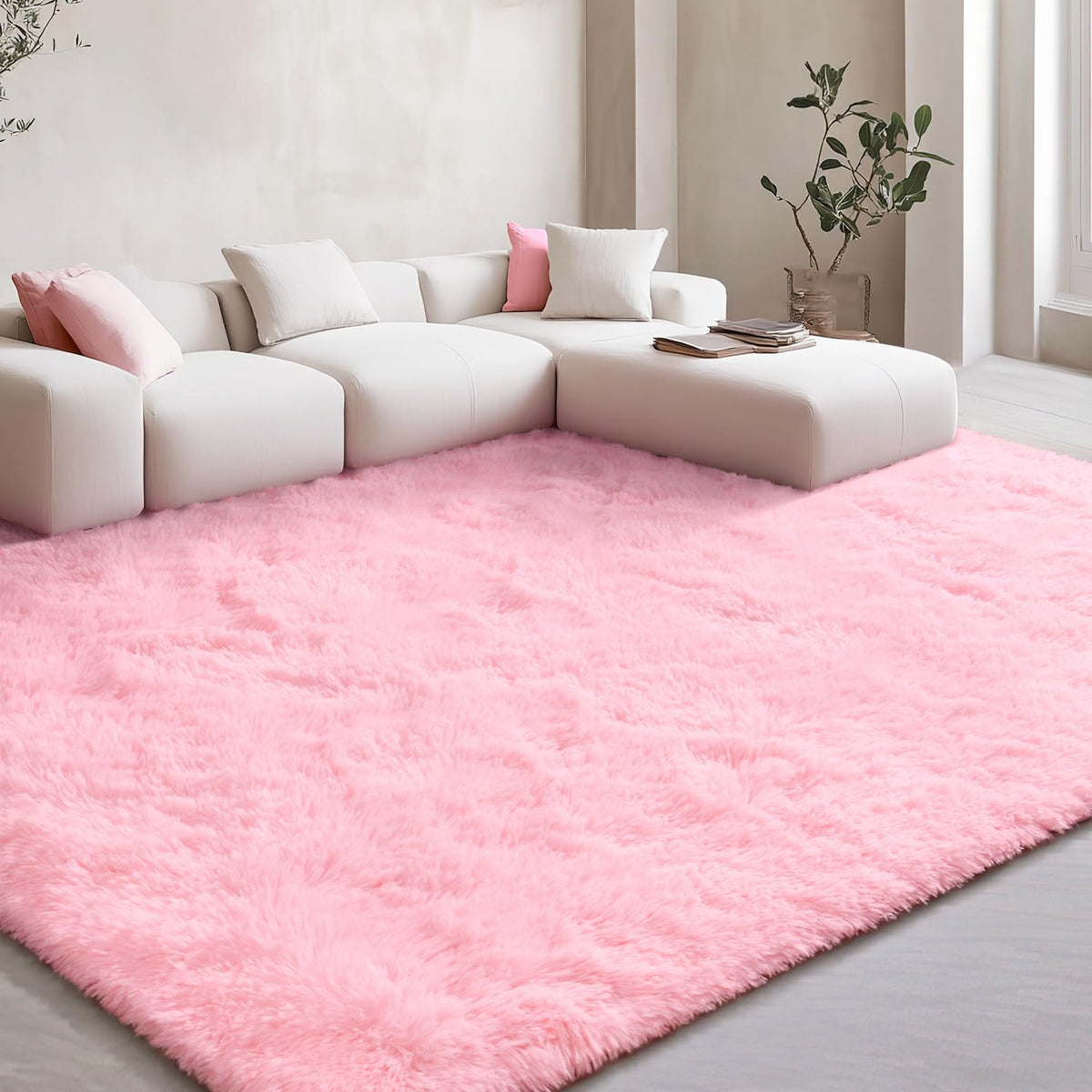 EVOIONOS Pink Round Rug for Bedroom, 4x4 Ft Fluffy Soft Circle Area Rugs for Living Room, Plush Shaggy Circular Carpet for Indoor Floor Bedside Girls Nursery, Machine-Washable Home Decor Aesthetic