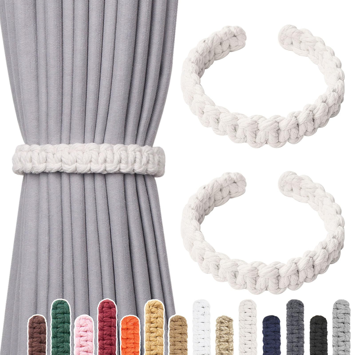 NICEEC 2 Pack Natural Cotton Rope Curtain Tiebacks Farmhouse Rustic Style Decorative Drape Tie Backs Handmade Braided Curtain Holdbacks for Home & Office Sheer/Light Weight Drapery (C-White-S)