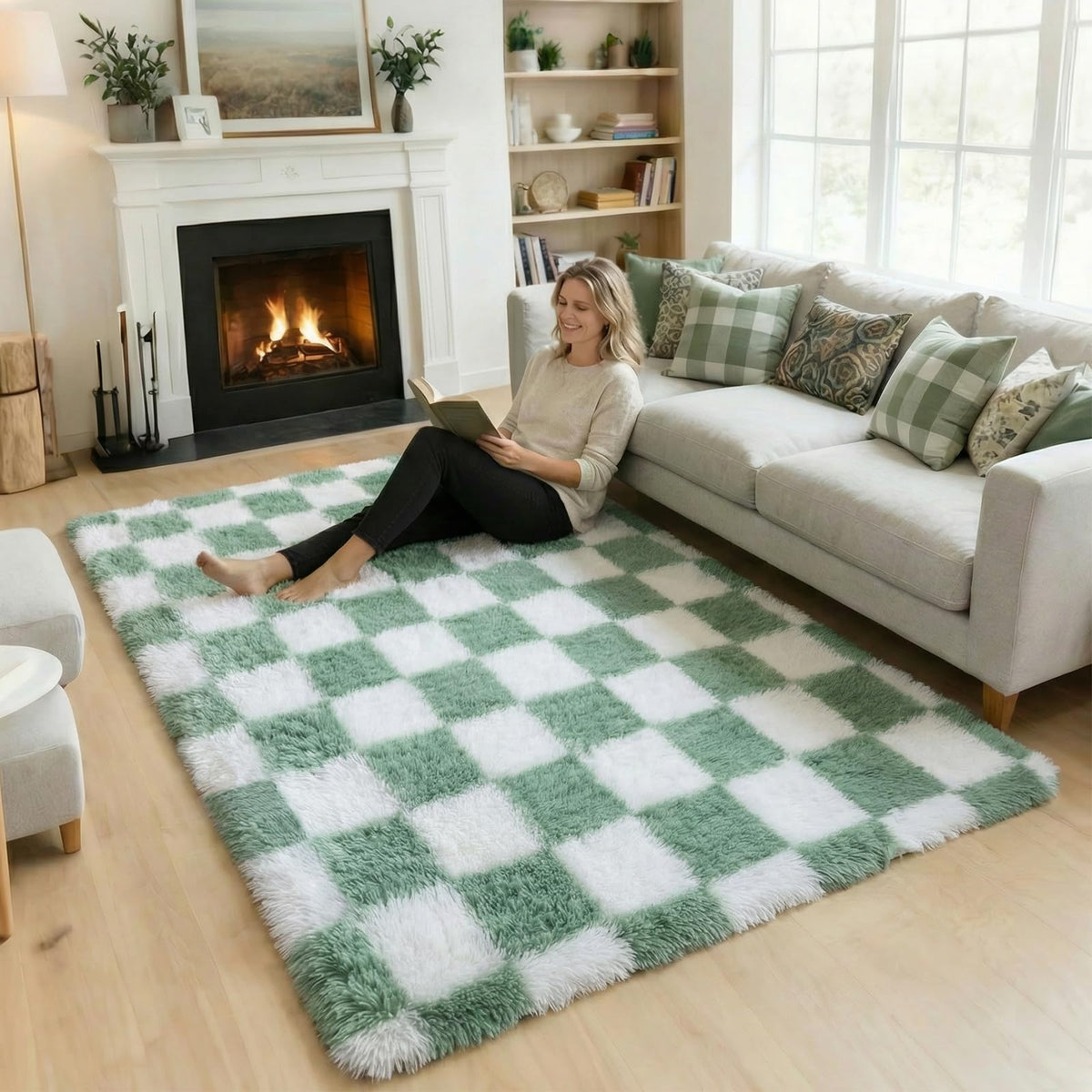 KICMOR Area Rugs 8x10 for Living Room, Large Fluffy Beige and Cream White Checkered Rug Big Fuzzy Shag Shaggy Carpets for Bedroom, Soft Plush Furry Rug for Boy Girls Room Dorm Home Decor Aesthetic