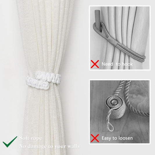 NICEEC 2 Pack Natural Cotton Rope Curtain Tiebacks Farmhouse Rustic Style Decorative Drape Tie Backs Handmade Braided Curtain Holdbacks for Home & Office Sheer/Light Weight Drapery (C-White-S)