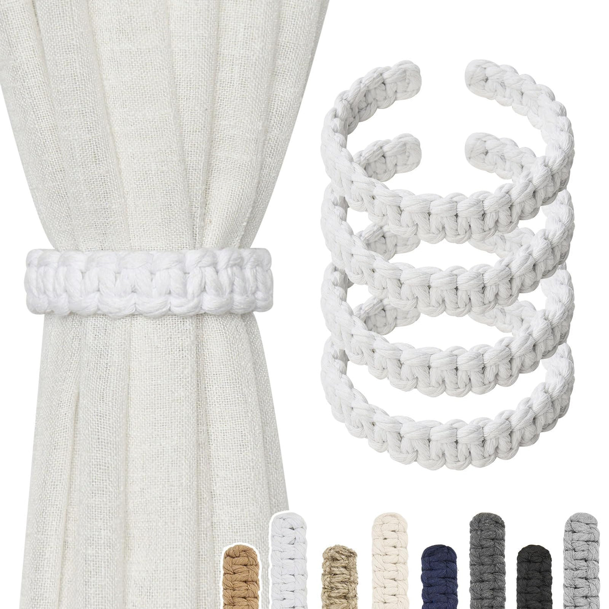 NICEEC 2 Pack Natural Cotton Rope Curtain Tiebacks Farmhouse Rustic Style Decorative Drape Tie Backs Handmade Braided Curtain Holdbacks for Home & Office Sheer/Light Weight Drapery (C-White-S)