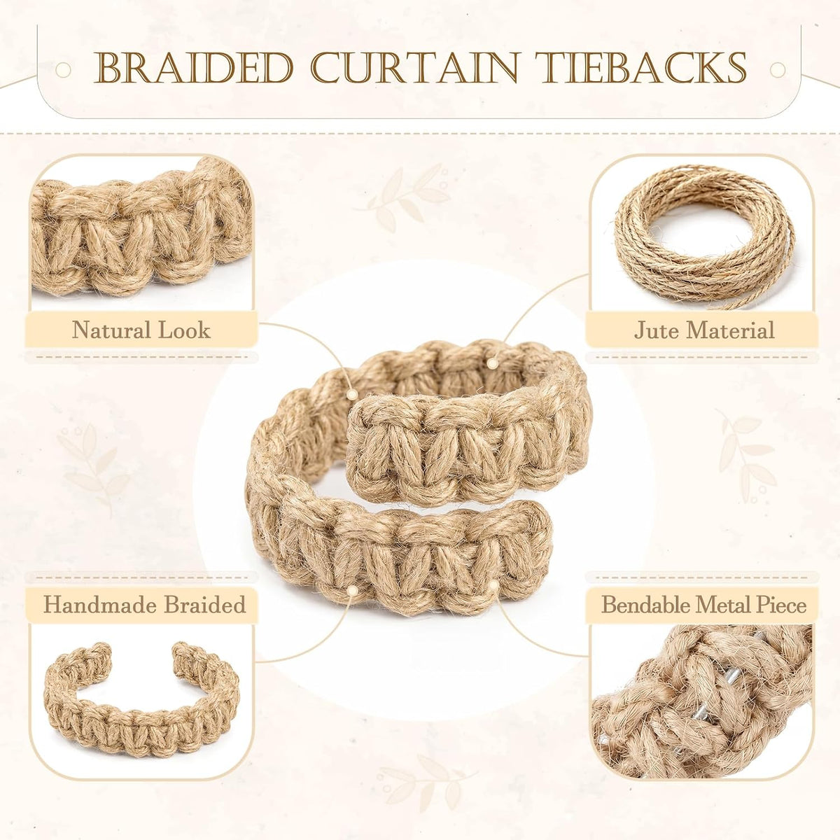 Boho Curtain Tiebacks, Braided Curtain Holdbacks, Brown, 4 Pcs