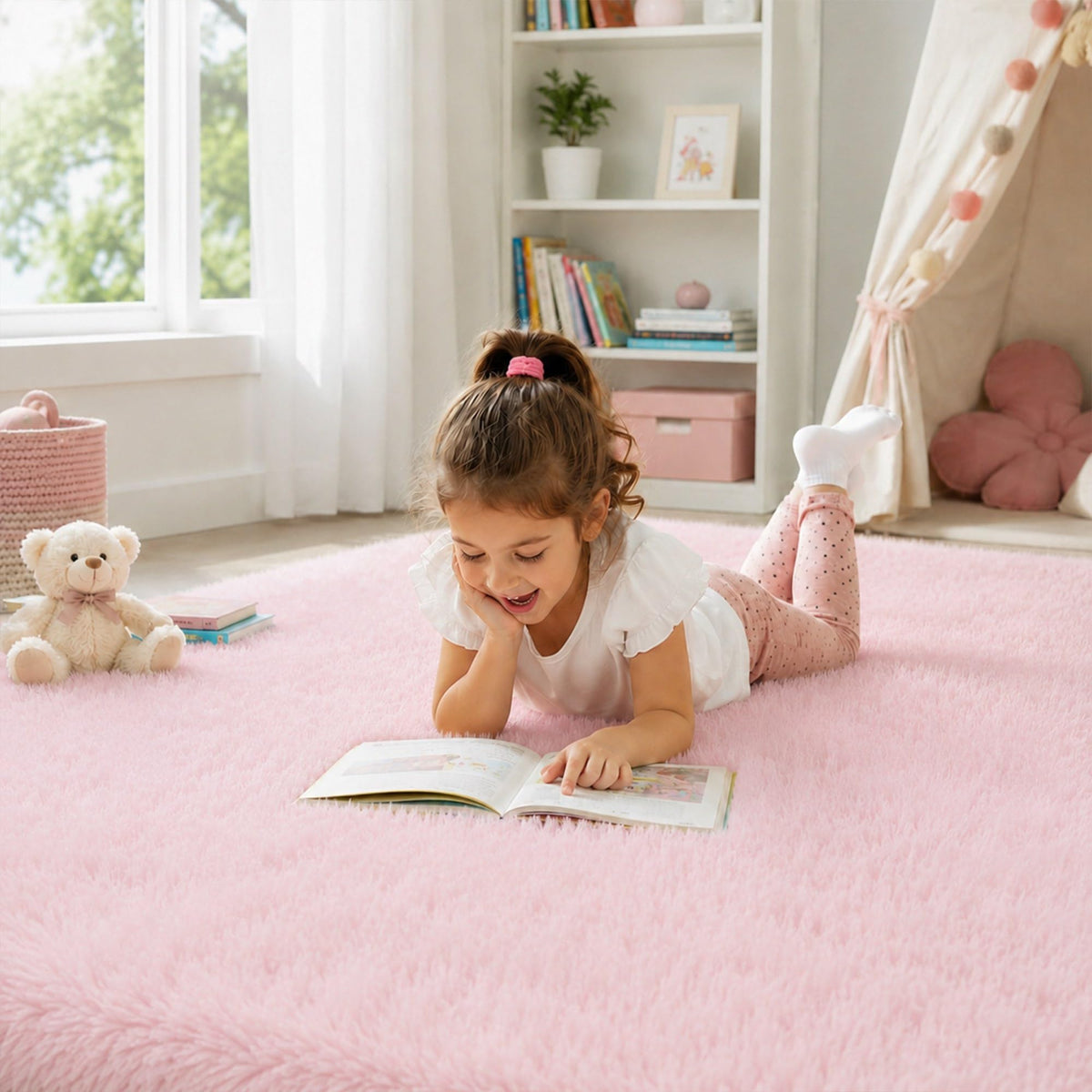 8x10 Ft Cream White Fluffy Area Rug for Living Room, Washable