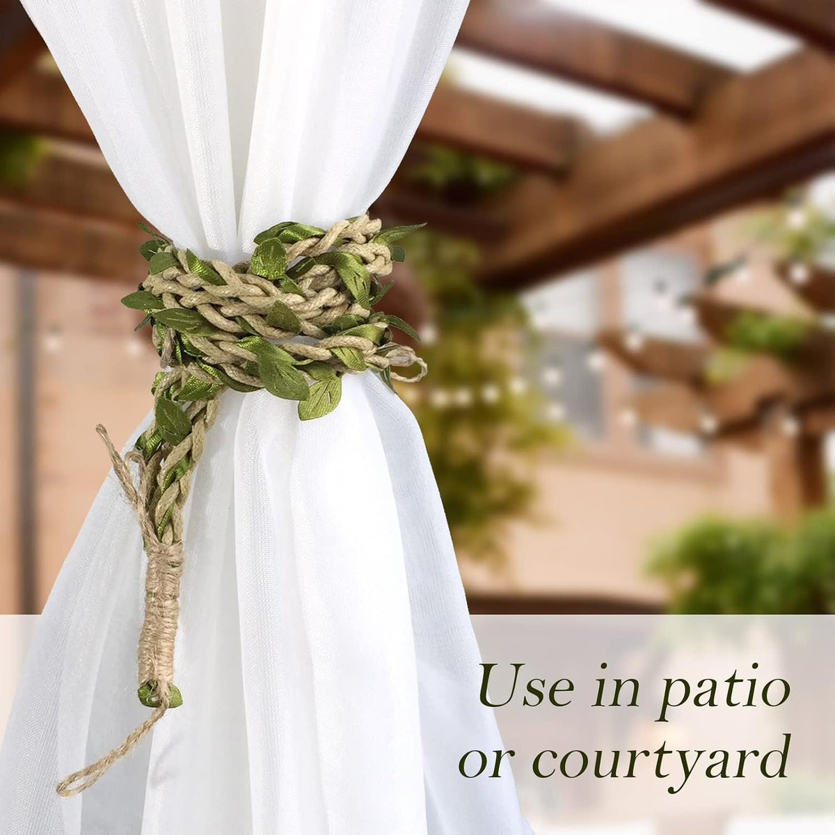 Valea Home Curtain Tiebacks Ropes Natural Burlap Rope Holdbacks with Artificial Vines Fake Foliage Ivy Leaf for Rustic Wedding Party Home Decorative Curtain Holders, Set of 4