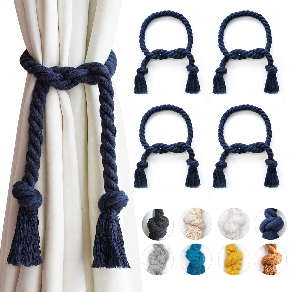 6 Pack Curtain Ties Rope, Outdoor Curtain Tiebacks for Patio Gazebo Pergola Cabana, Natural Cotton Curtain Holders, Village Rural Rustic Farmhouse Curtain Holdbacks for Drapery, Black