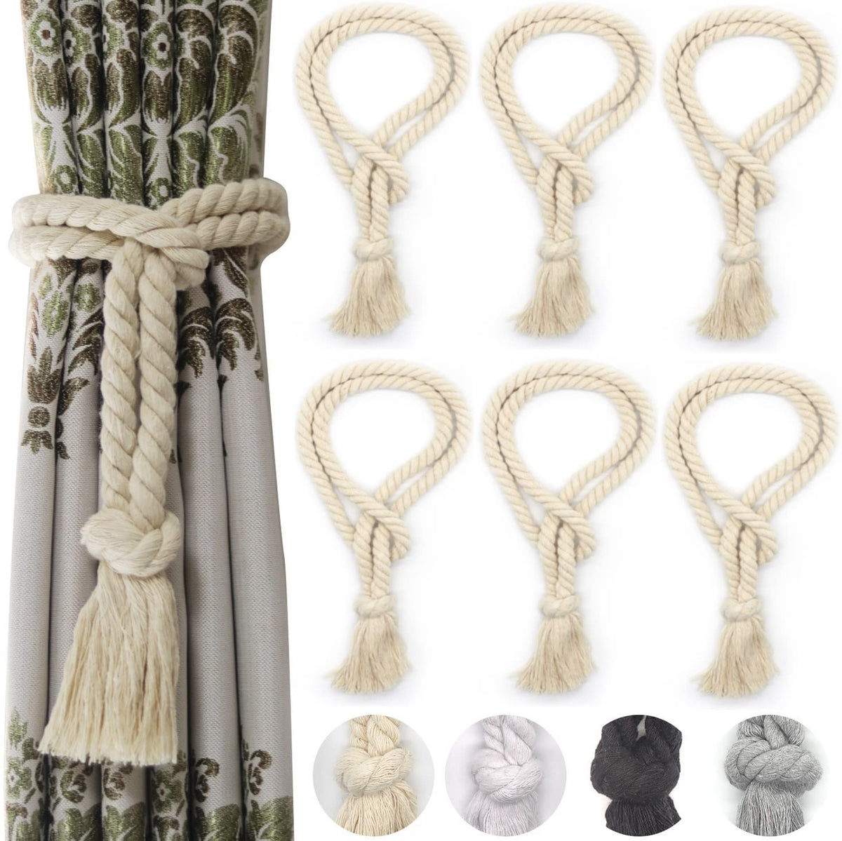 6 Pack Curtain Ties Rope, Outdoor Curtain Tiebacks for Patio Gazebo Pergola Cabana, Natural Cotton Curtain Holders, Village Rural Rustic Farmhouse Curtain Holdbacks for Drapery, Black