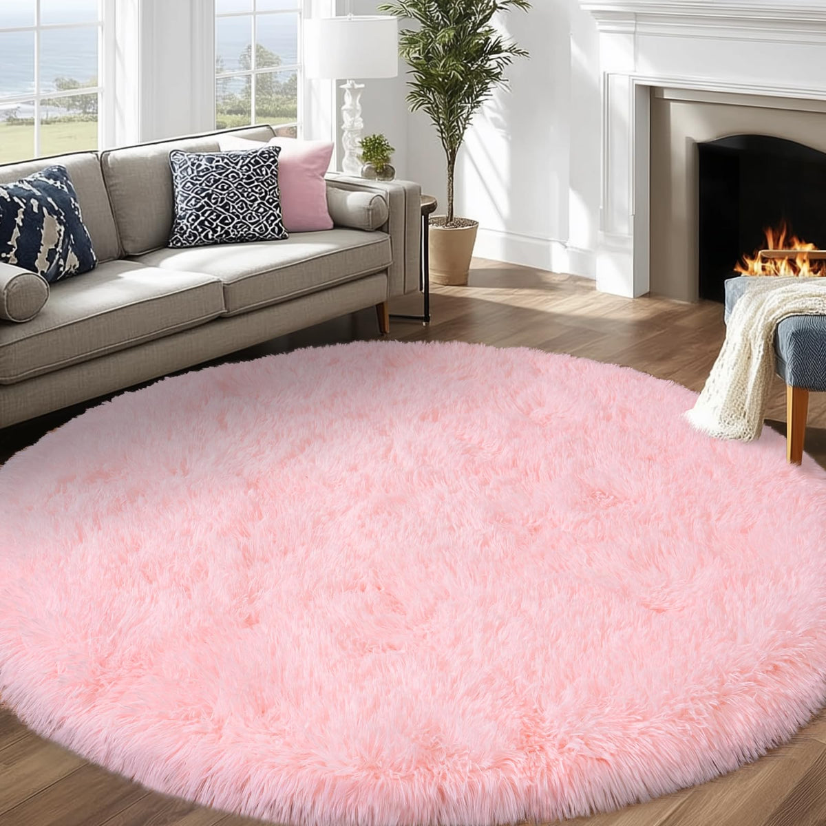 4Ft Fluffy Pink Round Rug for Girls Bedroom Kids Room, Washable Non-Slip