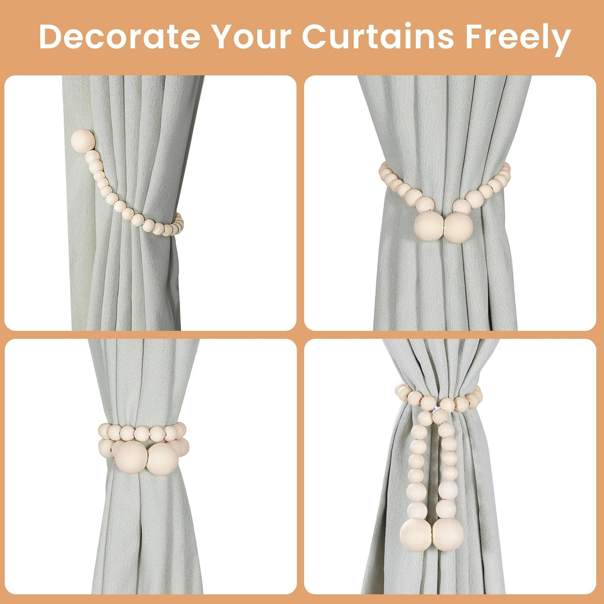 KLOGTSIND Magnetic Curtain Tiebacks, 4 Pack Wood Bead Curtain Holdbacks