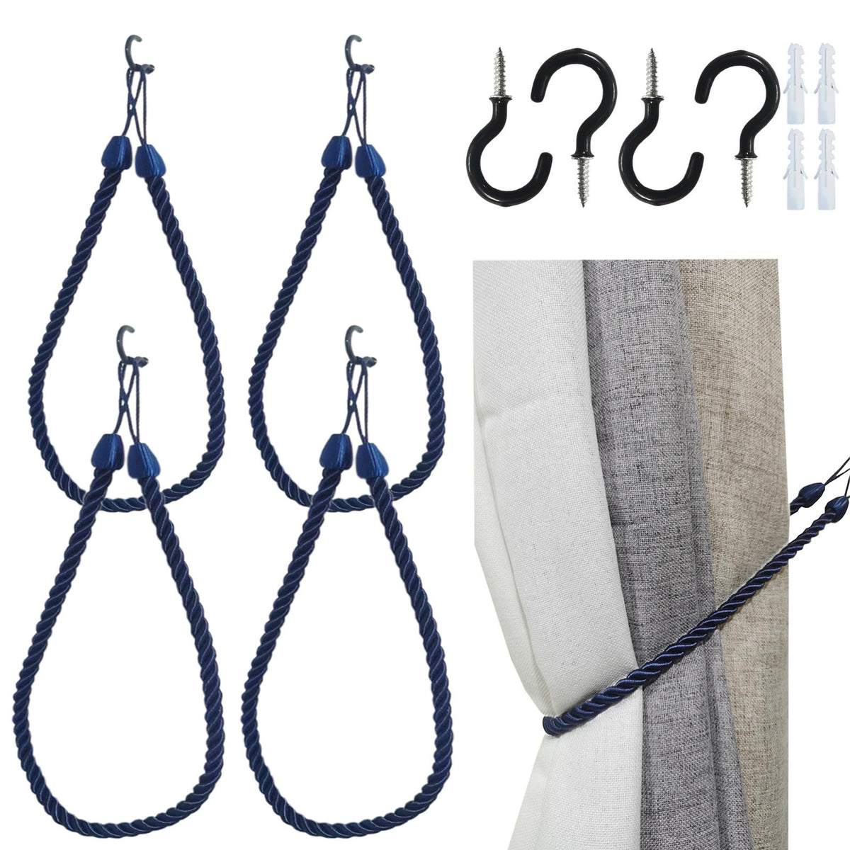 Curtain Tiebacks Ropes, Curtain Tie Backs Holdbacks Black 2 Pack