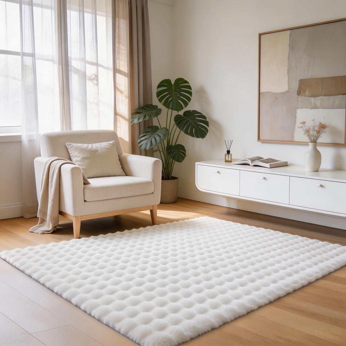Creamy White Rabbit Plush Rug 8'x10', Fluffy Faux Fur Shaggy Area Rug for Nursery, Kids Room Decor, Soft Fuzzy Carpet for Living Room, Bedroom, Teen Girls Room