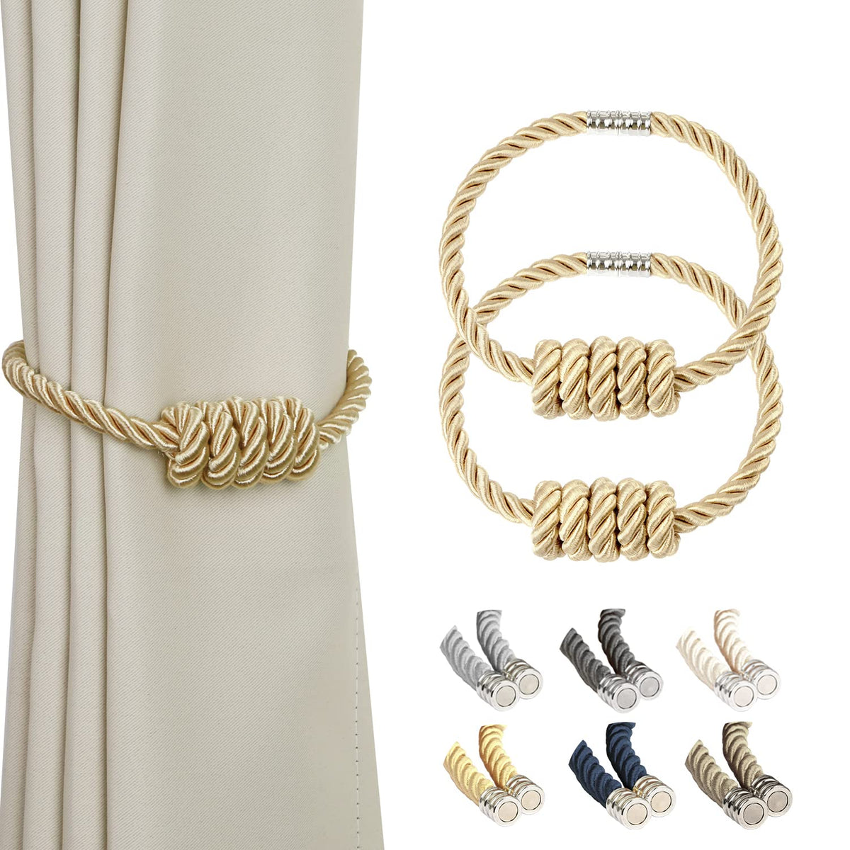 BEL AVENIR Magnetic Jute Curtain Tiebacks 2 Pack Hand-Woven Curtain Ties