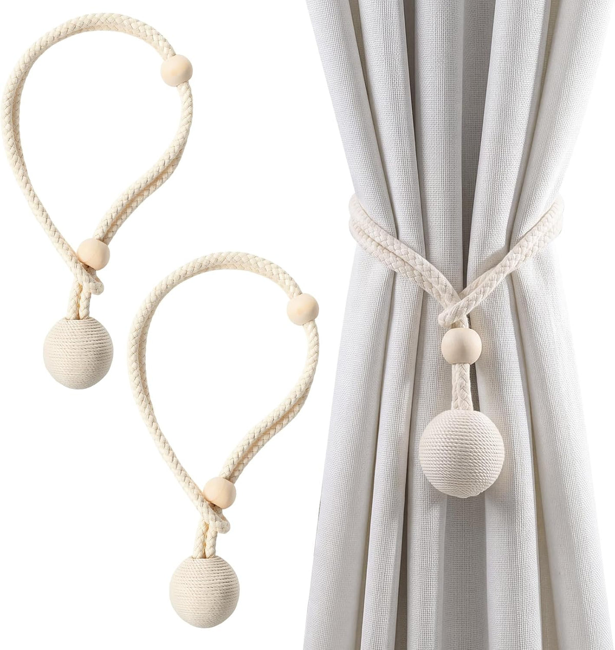 2 Pack Curtain Tiebacks, Beige Curtain Holdbacks, Curtain Rope Tieback