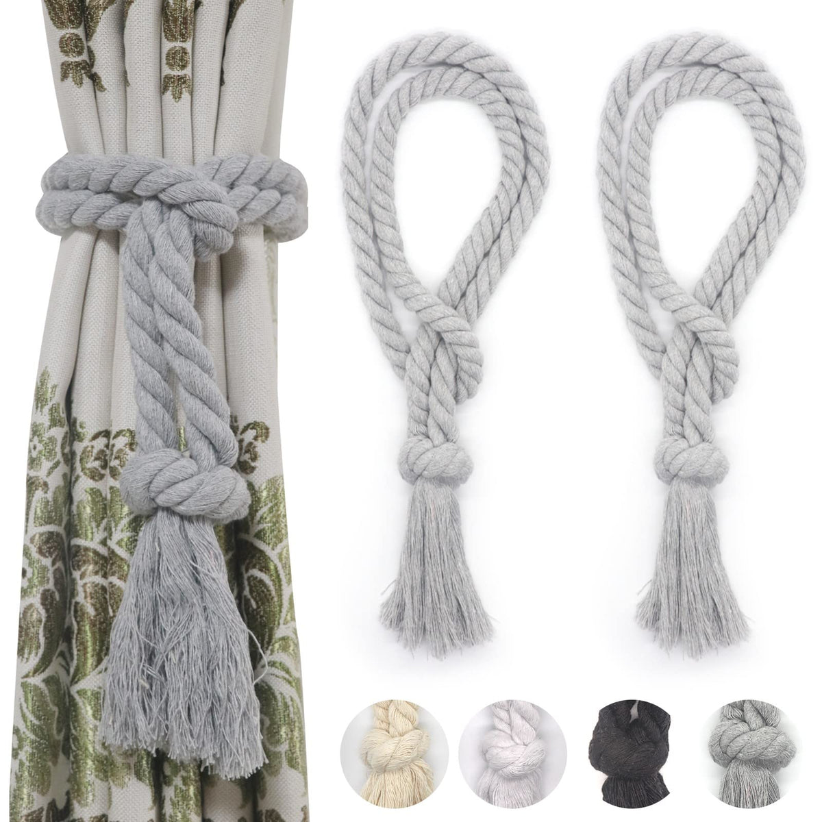 6 Pack Curtain Ties Rope, Outdoor Curtain Tiebacks for Patio Gazebo Pergola Cabana, Natural Cotton Curtain Holders, Village Rural Rustic Farmhouse Curtain Holdbacks for Drapery, Black