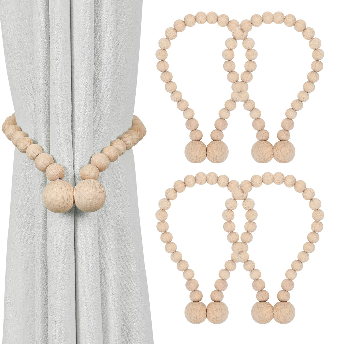 KLOGTSIND Magnetic Curtain Tiebacks, 4 Pack Wood Bead Curtain Holdbacks
