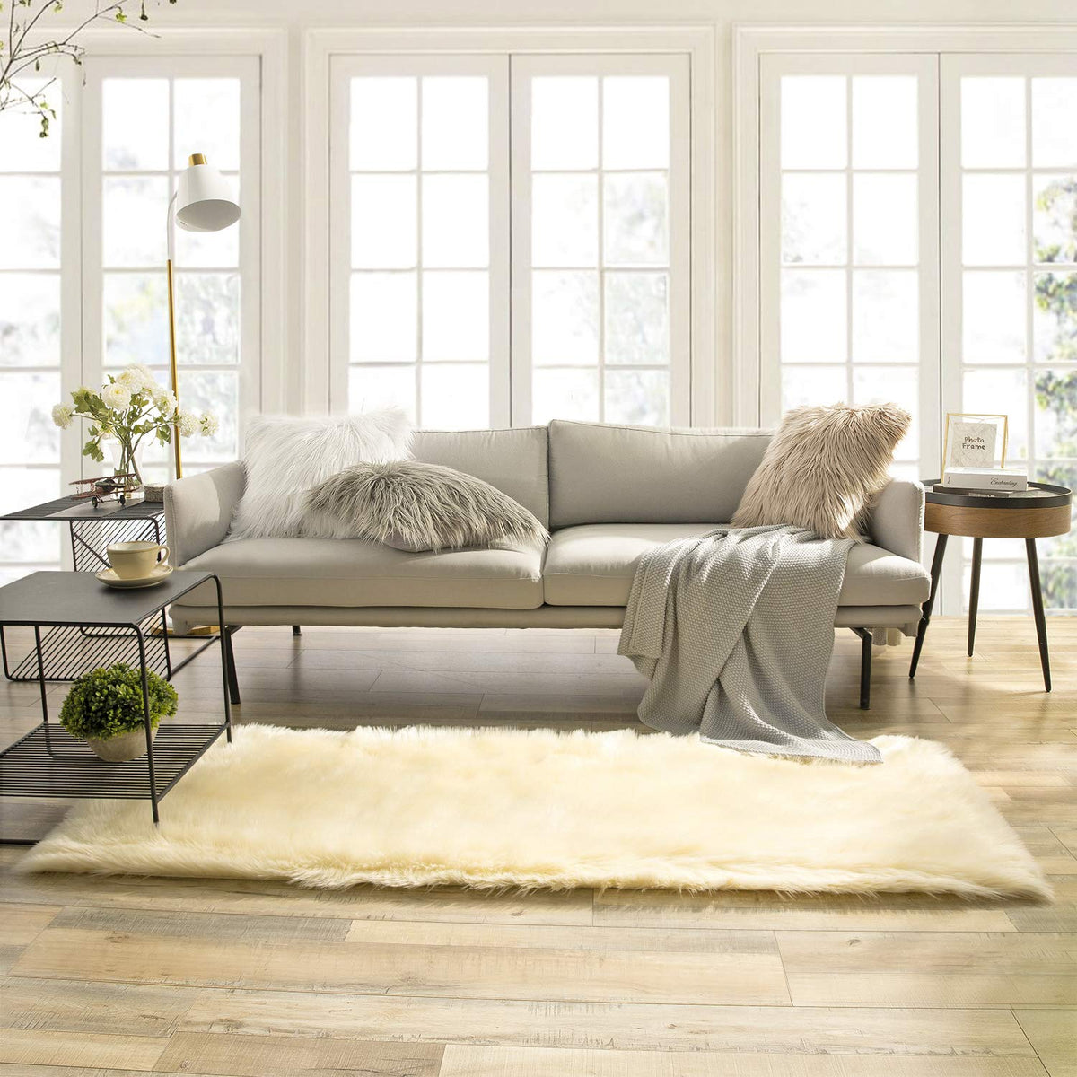 Ashler Faux Fur Rug, White, 2 x 6 Ft, Machine Washable