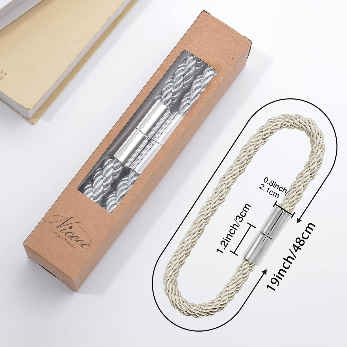 NICEEC 2 Pack Strong Magnetic Curtain Tiebacks Modern Simple Style Drape Tie Backs Convenient Decorative Weave Rope Curtain Holdbacks for Thin or Thick Home & Office Window Draperies (Beige)