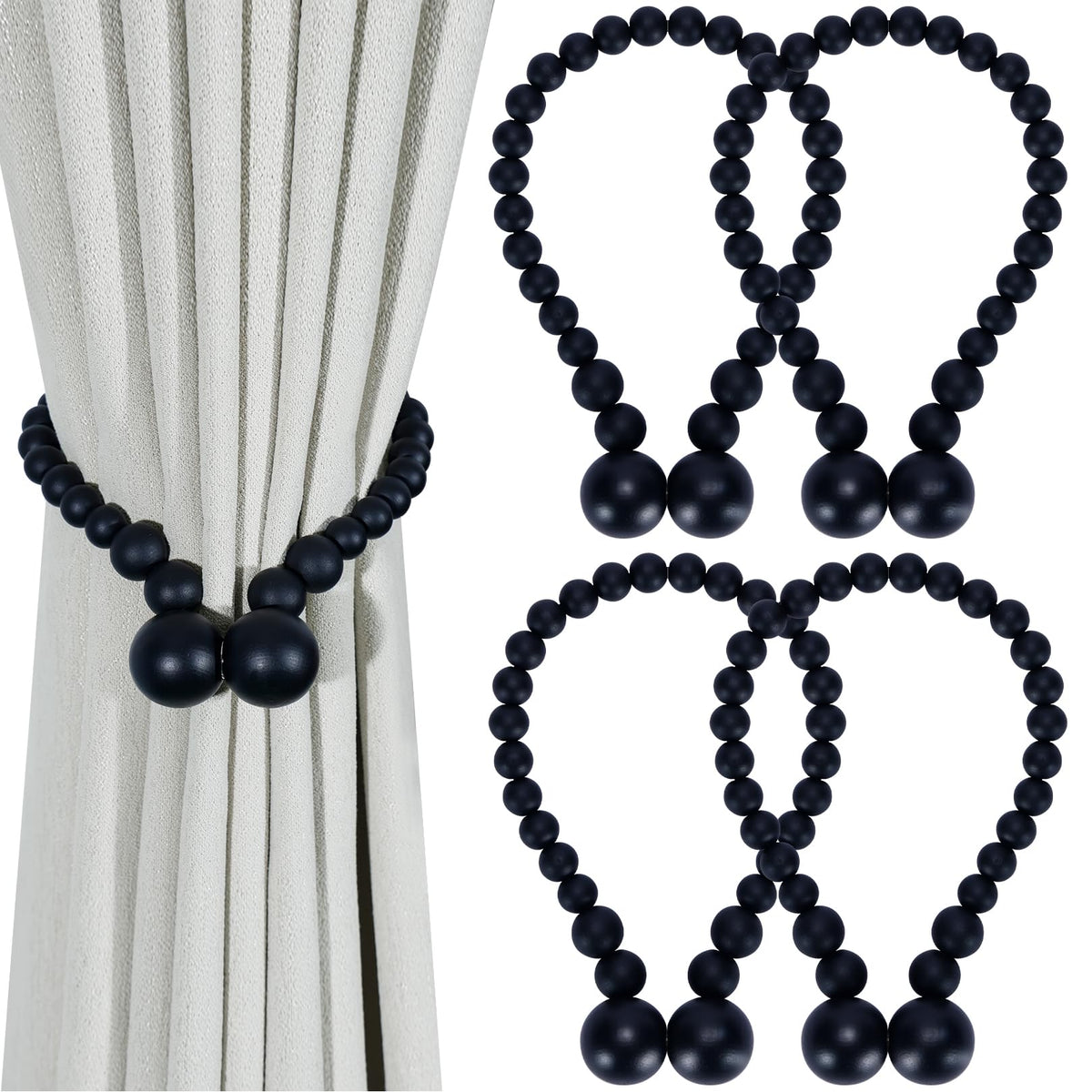 KLOGTSIND Magnetic Curtain Tiebacks, 2 Pack Wood Bead Curtain Holdbacks