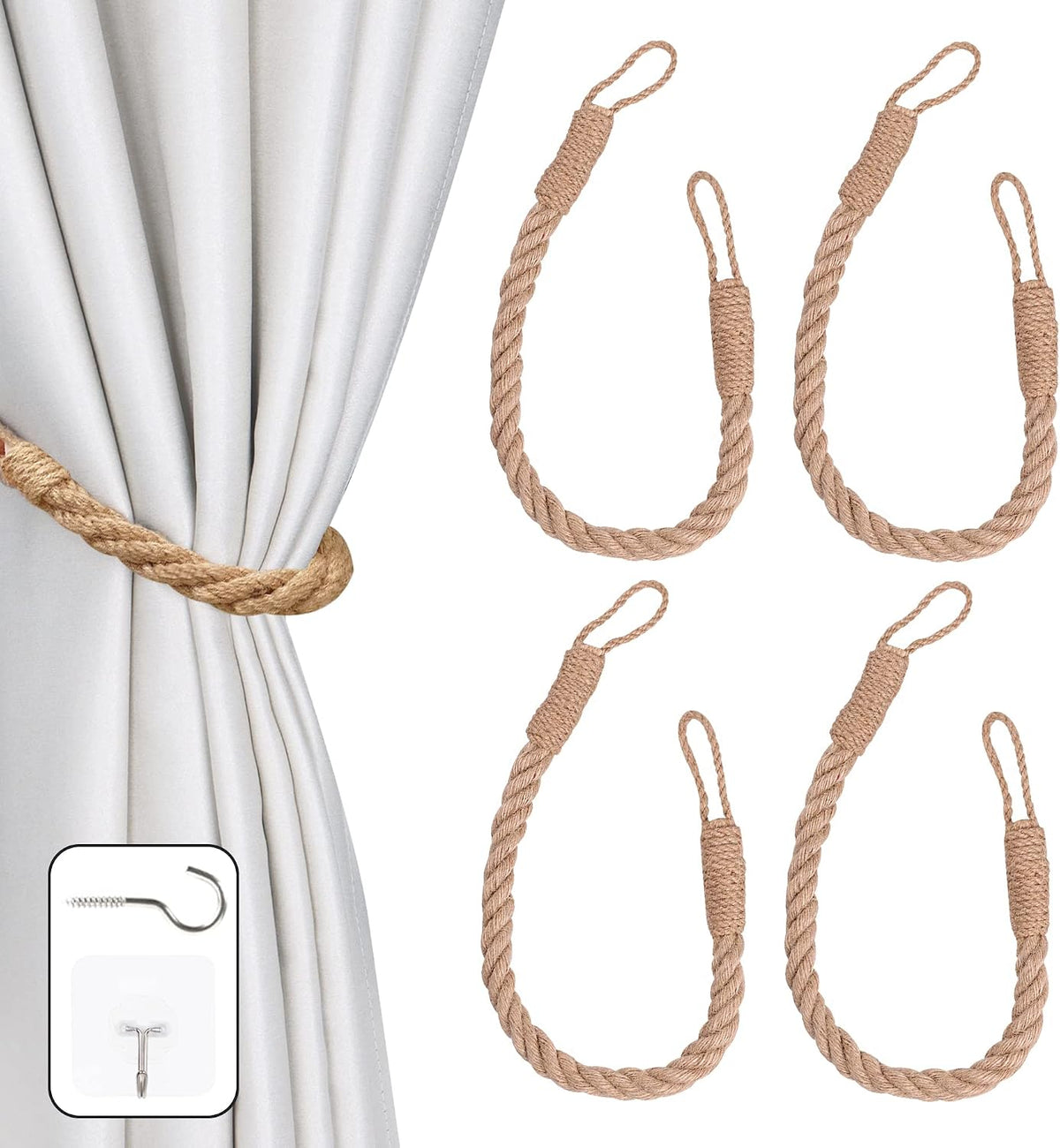 4 Pack Curtain Tiebacks Hemp Rope Curtain Holdbacks, Khaki