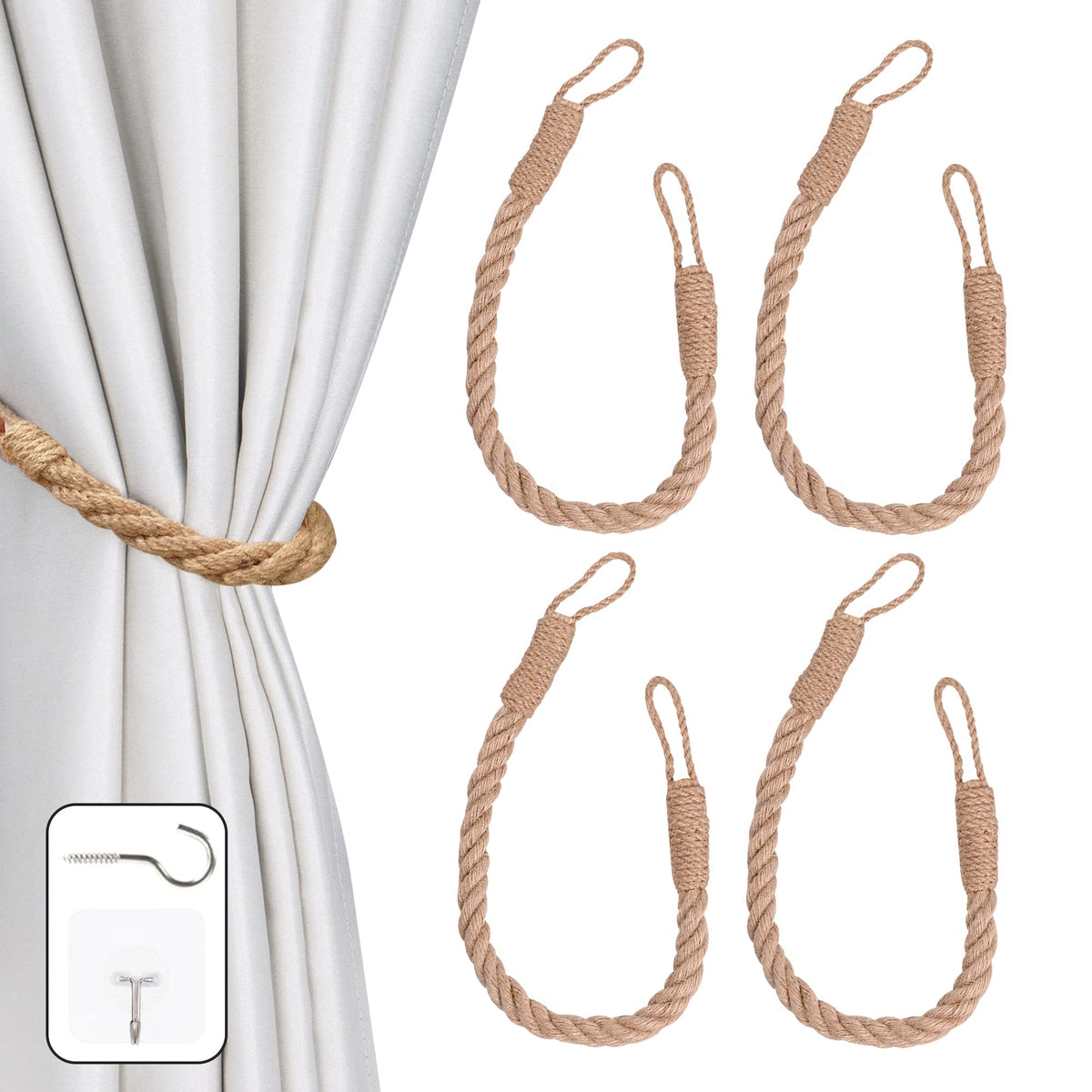 4 Pack Curtain Tiebacks Hemp Rope Curtain Holdbacks, Khaki