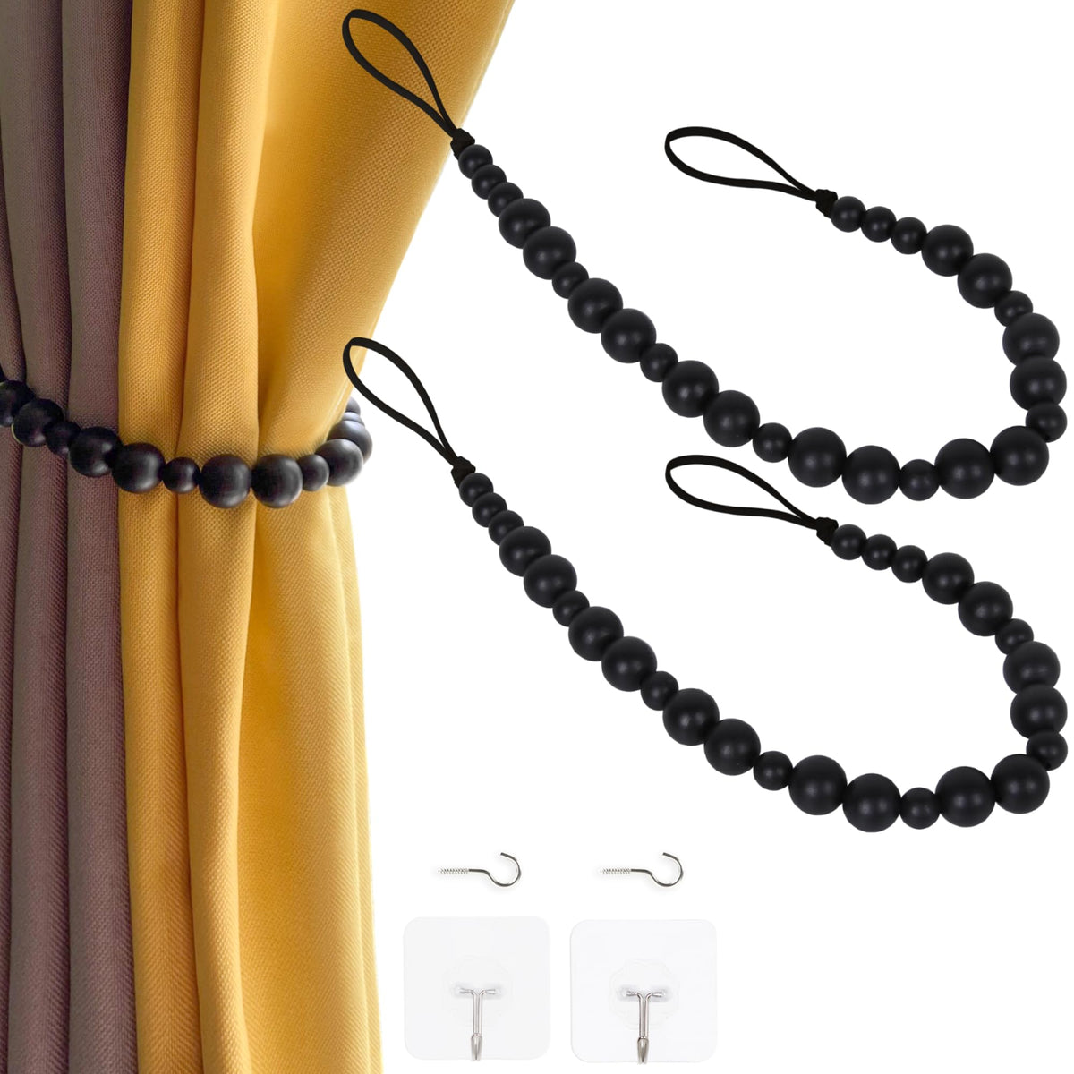 2 Pieces Curtain Tieback Wood Bead Curtain Tiebacks Curtain Holdbacks for Wall Curtain Ties Window Treatment Curtain Tie Backs with Hooks Curtain Pull Backs (Coffee,2) C-1