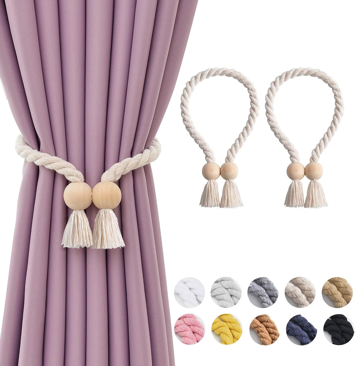 NICEEC 2 Pack Wooden Ball Magnetic Curtain Tiebacks Boho Home Decor Drape Tie Backs Natural Cotton Hand Woven Rope Curtain Holdbacks for Thin & Thick Home & Office Window Draperies (Beige)